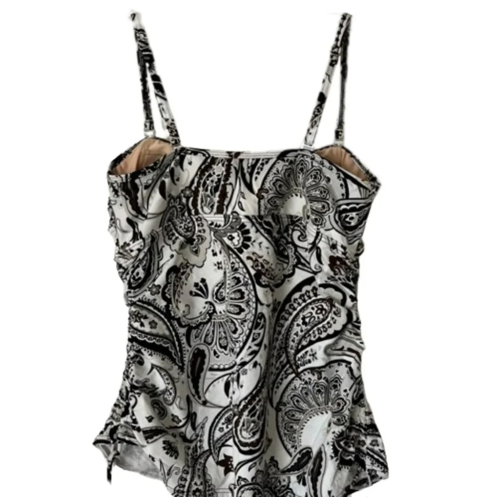 Lands' End B/W Paisley Adjustable Tankini - Black/White - 10 - Picture 6 of 9